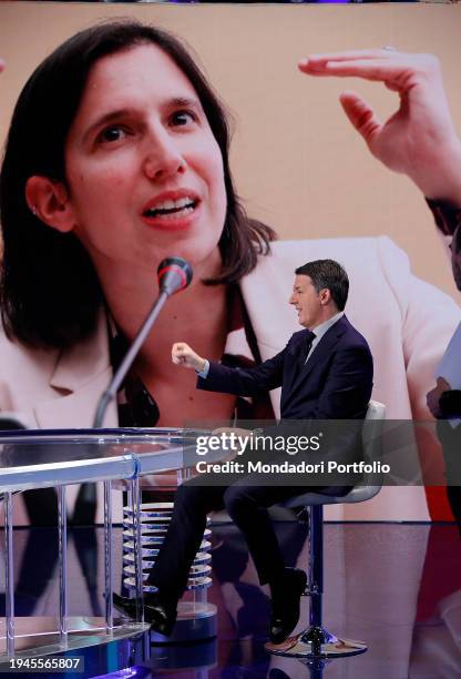 Italian senator Matteo Renzi guest of the television program Porta a Porta. In the background the image of the secretary of the Democratic Party Elly...