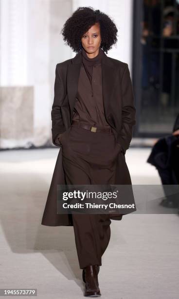 Model walks the runway during the Officine Generale Menswear Fall/Winter 2024-2025 show as part of Paris Fashion Week on January 19, 2024 in Paris,...