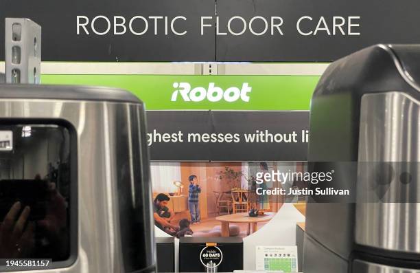 The iRobot logo is displayed at a Best Buy store on January 19, 2024 in San Rafael, California. The European Commission, the EU’s antitrust watchdog,...