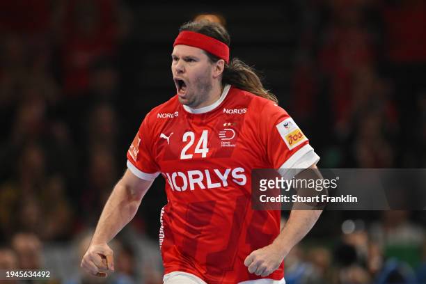 Mikkel Hansen of Denmark celebrates during the Men's EHF Euro 2024 main round match between Denmark and Sweden at Barclays Arena on January 19, 2024...