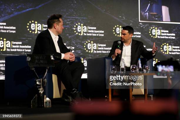 Elon Musk is engaging in a conversation with right-wing commentator Ben Shapiro about anti-Semitism online at the EJA conference at the DoubleTree by...