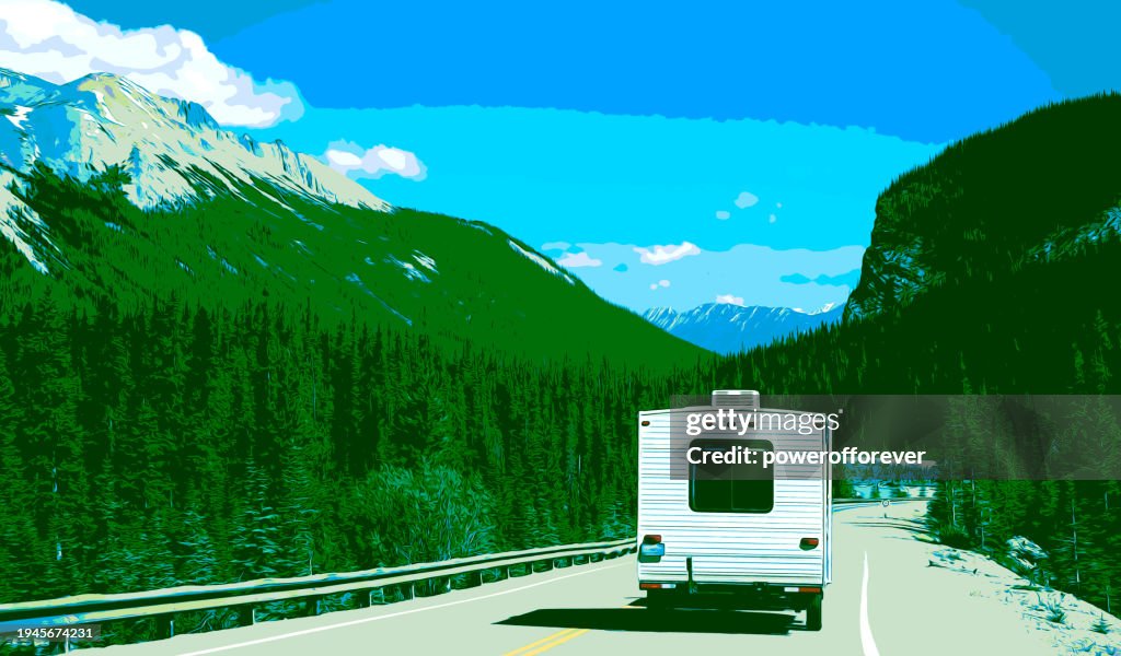 Printmaking Style of RV on the Icefields Parkway in the Canadian Rocky Mountains of Banff National Park, Canada