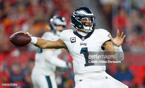 Jalen Hurts of the Philadelphia Eagles plays during the NFC Wild Card game against the Tampa Bay Buccaneers at Raymond James Stadium on January 15,...