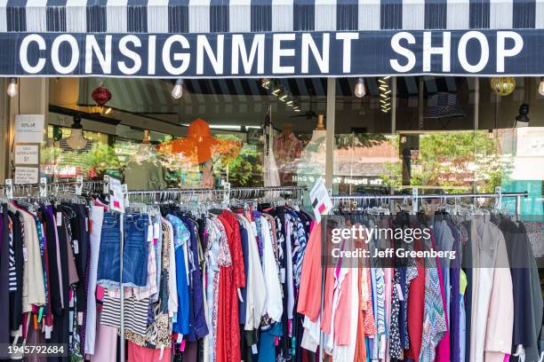 Hendersonville, North Carolina, Main Street, women's clothing consignment shop, rack outside store.