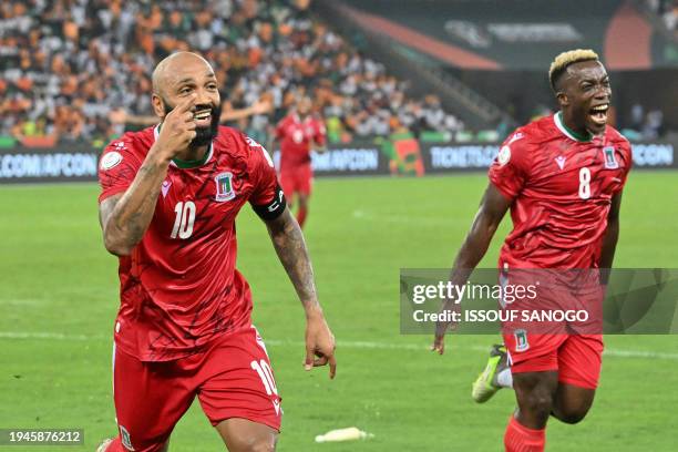 Equatorial Guinea's forward Emilio Nsue celebrates scoring his team's third goal during the Africa Cup of Nations 2024 group A football match between...