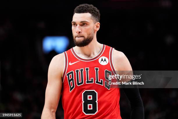 Zach LaVine of the Chicago Bulls looks on against the Toronto Raptors during the first half of their basketball game at the Scotiabank Arena on...