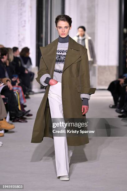 Model walks the runway during the Officine Generale Menswear Fall/Winter 2024-2025 show as part of Paris Fashion Week on January 19, 2024 in Paris,...