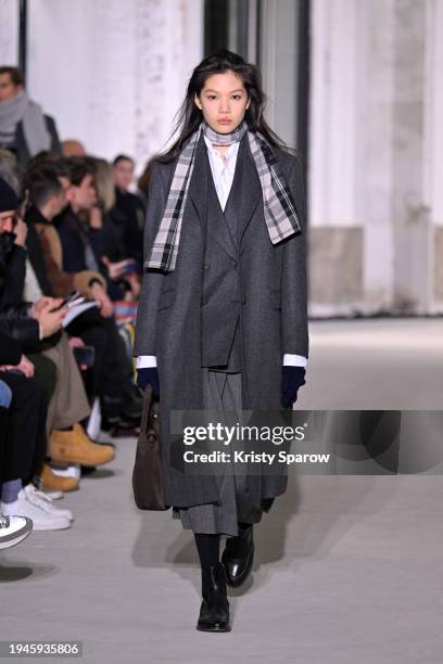 Model walks the runway during the Officine Generale Menswear Fall/Winter 2024-2025 show as part of Paris Fashion Week on January 19, 2024 in Paris,...