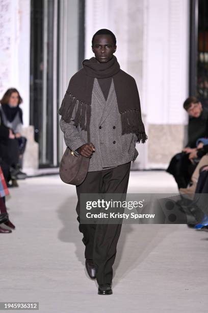 Model walks the runway during the Officine Generale Menswear Fall/Winter 2024-2025 show as part of Paris Fashion Week on January 19, 2024 in Paris,...