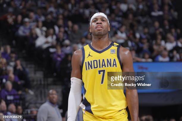 Buddy Hield of the Indiana Pacers looks on during the game against the Sacramento Kings on January 18, 2024 at Golden 1 Center in Sacramento,...