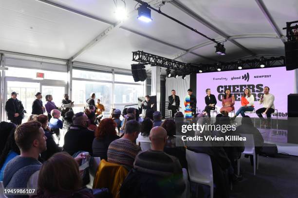 Anthony Allen Ramos, Alok Vaid-Menon, Alexandra Hedison, Natalie Jasmine Harris, Allegra Madsen, and David Hatkoff speak onstage during Cheers,...