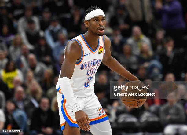 Shai Gilgeous-Alexander of the Oklahoma City Thunder in action during a game against the Utah Jazz at Delta Center on January 18, 2024 in Salt Lake...