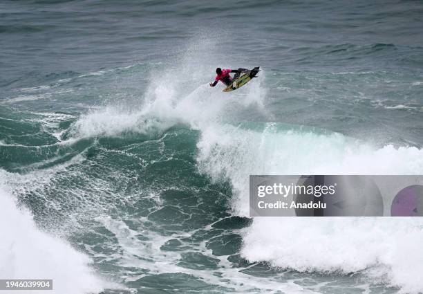 Lucas Chianca of Brazil in action during the TUDOR Nazare Tow Surfing Challenge on January 22, 2024 in Nazare, Portugal.