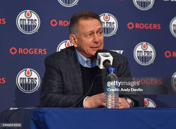 Ken Holland speaks at the Corey Perry free agent signing press conference at Rogers Place on January 22 in Edmonton, Alberta, Canada.