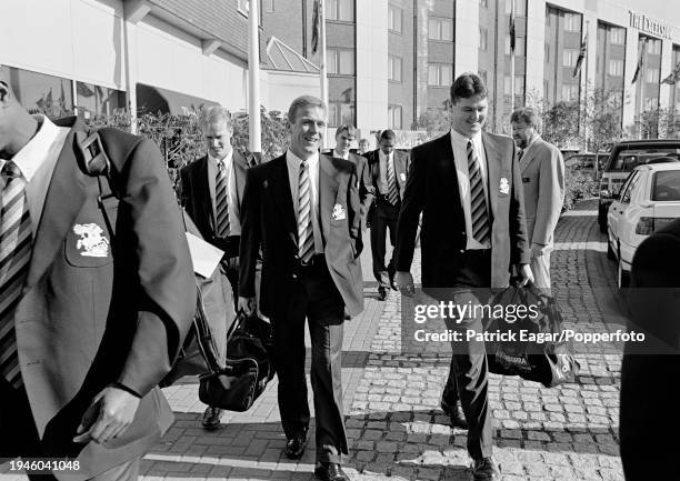 England cricketers John Crawley, Alec Stewart, Phil Tufnell, Phillip DeFreitas and Ian Austin leaving the Excelsior Hotel at Heathrow before the...