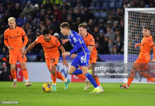 Kasey McAteer of Leicester City with George Edmundson of Ipswich Town and Massimo Luongo of Ipswich Town during the Sky Bet Championship match...