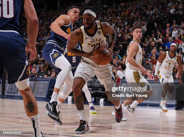 Isaiah Jackson of the Indiana Pacers drives to the basket during the game against the Denver Nuggets on January 14, 2024 at the Ball Arena in Denver,...