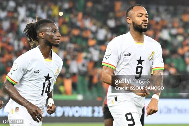Ghana's forward Jordan Ayew celebrates scoring his team's first goal from the penalty spot during the Africa Cup of Nations 2024 group B football...