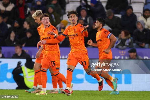 Jeremy Sarmiento of Ipswich Town celebrates scoring a goal during the Sky Bet Championship match between Leicester City and Ipswich Town at The King...