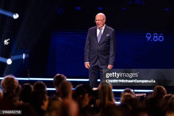 Sven Goran Eriksson presents the Newcomer of The Year award during Idrottsgalan 2024, the annual Swedish Sports Gala, at Friends Arena on January 22,...