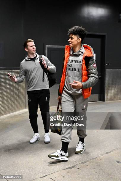Candice Dupree of the San Antonio Spurs arrives to the arena before the game against the Philadelphia 76ers on January 22, 2024 at the Wells Fargo...