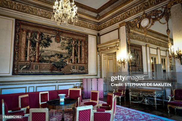 This photograph shows the "grande salle de reunion" at the Conseil Constitutionnel in Paris, on January 22, 2024.