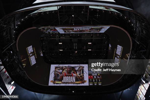 The video board during the Chicago Bulls inaugural Ring of Honor ceremony on January 12, 2024 at United Center in Chicago, Illinois. NOTE TO USER:...