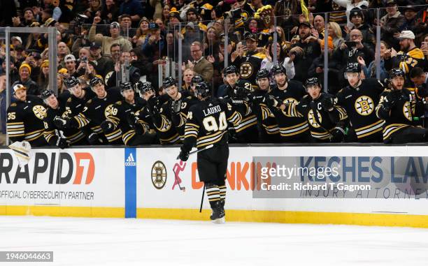 Jakub Lauko of the Boston Bruins celebrates his goal against the Winnipeg Jets during the first period at the TD Garden on January 22, 2024 in...