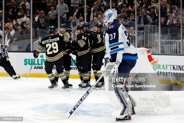 Boston celebrates the opening goal from Boston Bruins winger Jakub Lauko during a game between the Boston Bruins and the Winnipeg Jets on January 22...