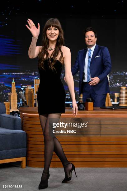 Episode 1907 -- Pictured: Actress Dakota Johnson arrives to her interview with host Jimmy Fallon on Monday, January 22, 2024 --