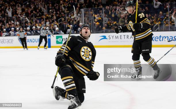 Jake DeBrusk of the Boston Bruins celebrates his short-handed goal against the Winnipeg Jets during the third period at the TD Garden on January 22,...