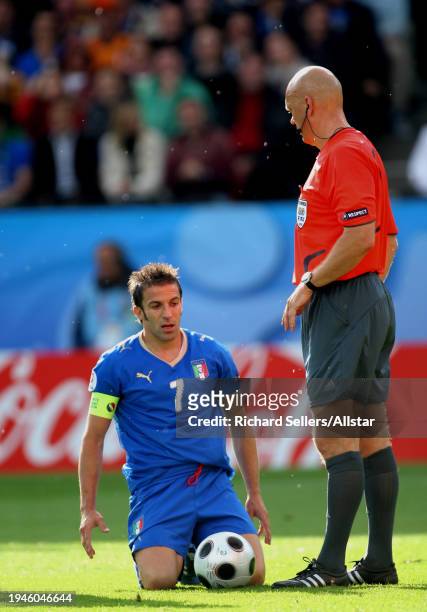 June 13: Alessandro Del Piero of Italy and Tom Henning Ovrebo during the UEFA Euro 2008 Group C match between Italy and Romania at Letzigrund Staduim...