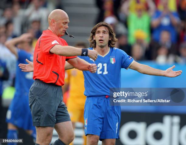 June 13: Referee Tom Henning Ovrebo and Andrea Pirlo of Italy reacts during the UEFA Euro 2008 Group C match between Italy and Romania at Letzigrund...