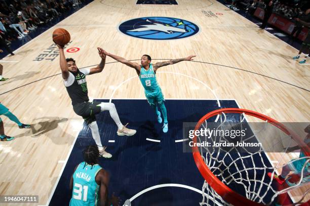 Karl-Anthony Towns of the Minnesota Timberwolves shoots the ball during the game against the Charlotte Hornets on January 22, 2024 at Target Center...