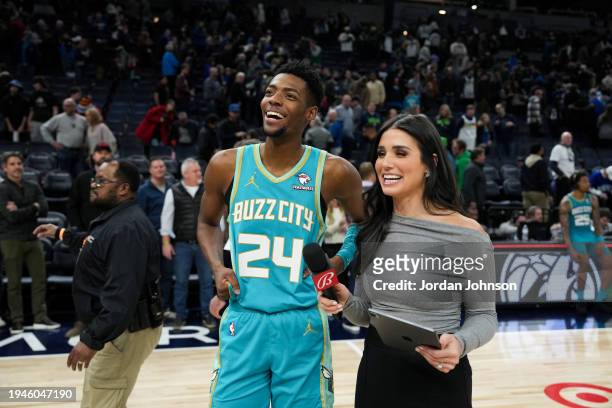 Brandon Miller of the Charlotte Hornets talks to the media after the game against the Minnesota Timberwolves on January 22, 2024 at Target Center in...