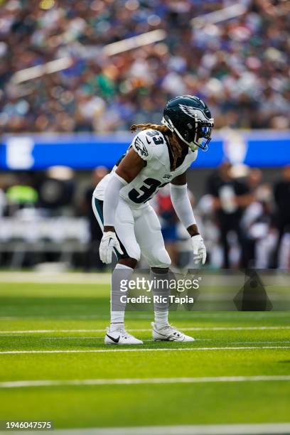 Bradley Roby of the Philadelphia Eagles defends during a game against the Los Angeles Rams at SoFi Stadium on October 8, 2023 in Inglewood,...