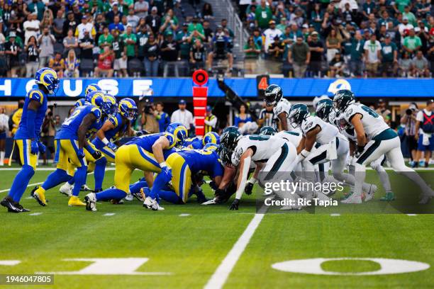 Philadelphia Eagles offense "tush push" on 4th and short during a game against the Los Angeles Rams at SoFi Stadium on October 8, 2023 in Inglewood,...