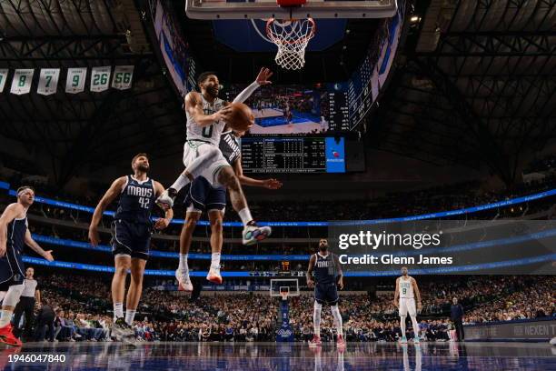 Jayson Tatum of the Boston Celtics drives to the basket during the game against the Dallas Mavericks on January 22, 2024 at the American Airlines...