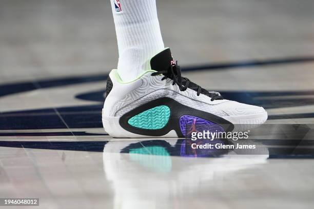 The sneakers worn by Jayson Tatum of the Boston Celtics during the game against the Dallas Mavericks on January 22, 2024 at the American Airlines...