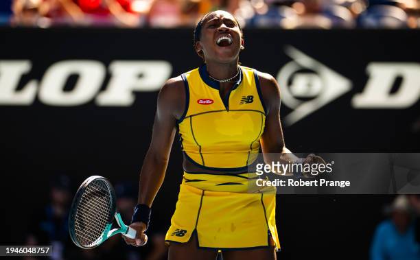 Coco Gauff of the United States reacts to defeating Marta Kostyuk of Ukraine in the women's singles quarter-final match on Day 10 of the 2024...