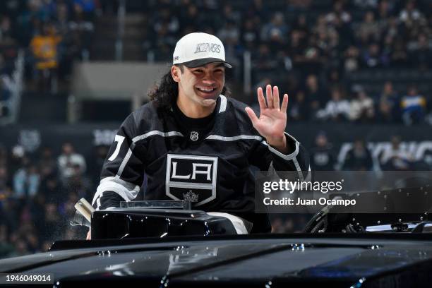 Los Angeles Rams Puka Nacua rides the Zamboni during the second period between the San Jose Sharks and the Los Angeles Kings at Crypto.com Arena on...