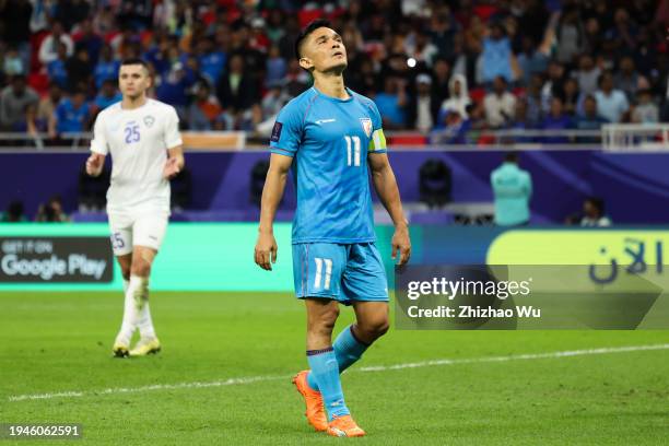 Sunil Chhetri of India reacts during the AFC Asian Cup Group B match between India and Uzbekistan at Ahmad Bin Ali Stadium on January 18, 2024 in...