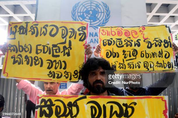 Group of activists is staging a protest in front of the United Nations Office in Colombo, Sri Lanka, on January 23, 2024. They are demanding justice...