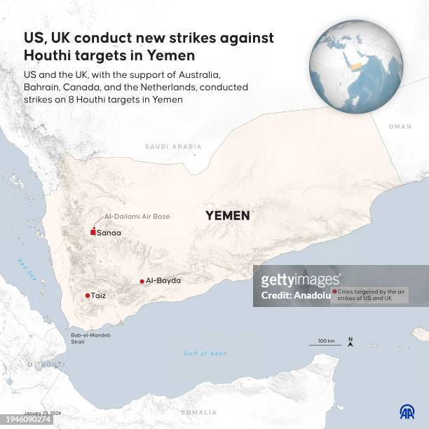 An infographic titled 'US, UK conduct new strikes against Houthi targets in Yemen' created in Ankara, Turkiye on January 23, 2024. US and the UK,...
