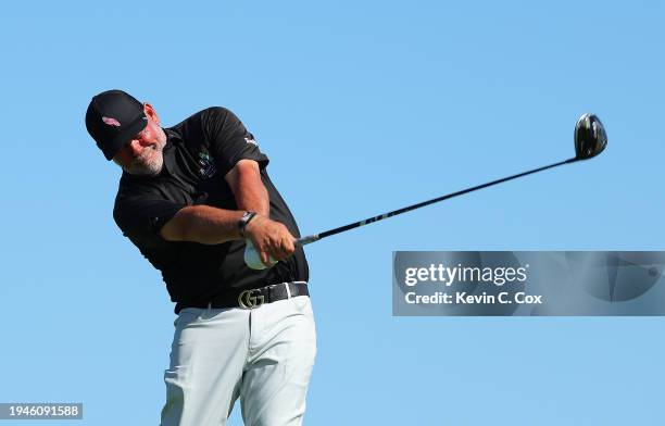 Darren Clarke of Ireland tees off the second hole during the second round of the Mitsubishi Electric Championship at Hualalai Golf Club on January...