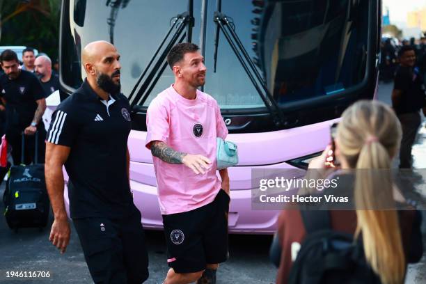 Lionel Messi of Inter Miami FC arrives at the stadium prior a friendly match between El Salvador and Inter Miami at Cuscatlan Stadium on January 19,...