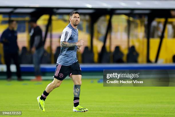 Lionel Messi of Inter Miami FC warms up prior a friendly match between El Salvador and Inter Miami at Cuscatlan Stadium on January 19, 2024 in San...