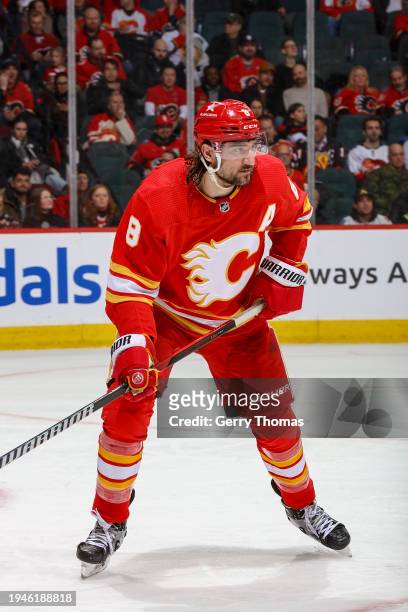 Christopher Tanev of the Calgary Flames skates up ice against the Arizona Coyotes at Scotiabank Saddledome on January 16, 2024 in Calgary, Alberta,...