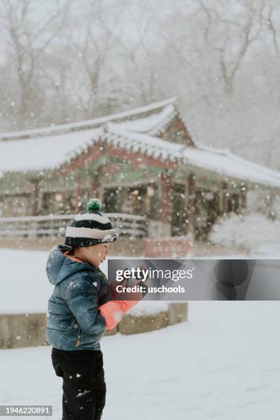 boy's playful fun on a snowy day in traditional korean house - seoul winter stock pictures, royalty-free photos & images