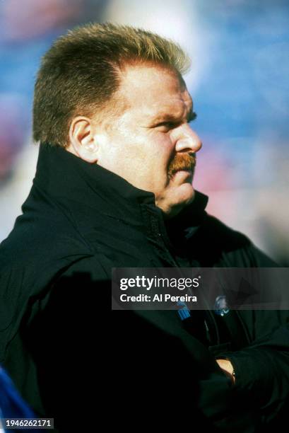 Head Coach Andy Reid of the Philadelphia Eagles follows the action in the game between the New England Patriots and the Philadelphia Eagles at...